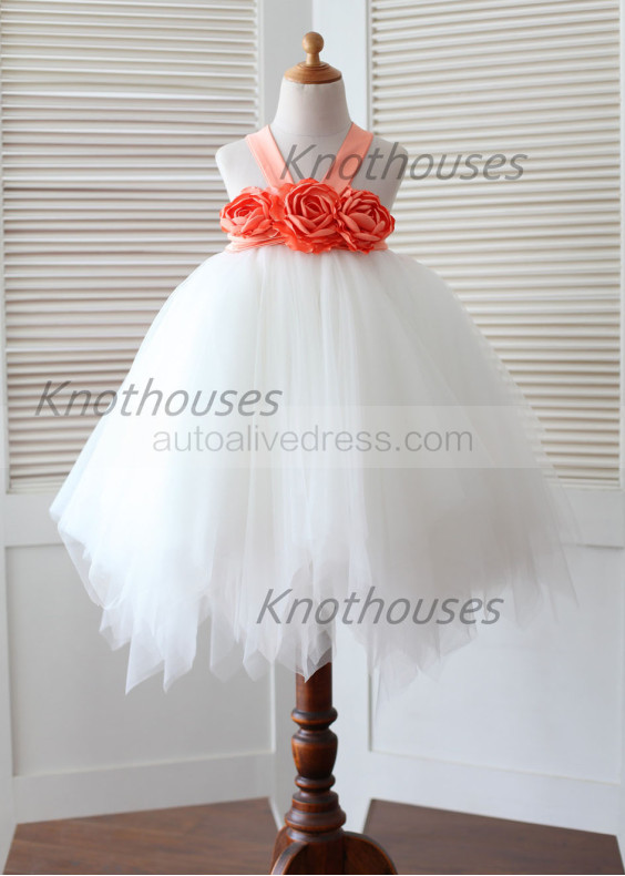 Orange Flowers Ivory Tulle Handkerchief Hem Romantic Flower Girl Dress